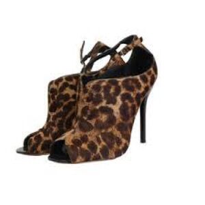 BRIAN ATWOOD Liese Leopard calf hair open toe ankle strap booties heel shoe 7.5